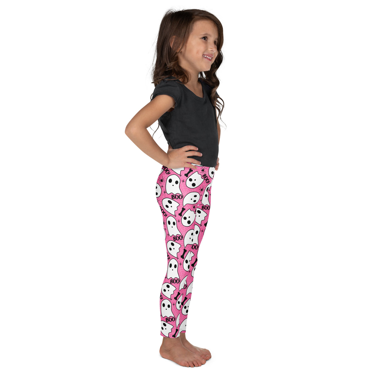 Girls Pink Ghost Halloween Themed Leggings - Warm, Buttery Soft & Stretchy