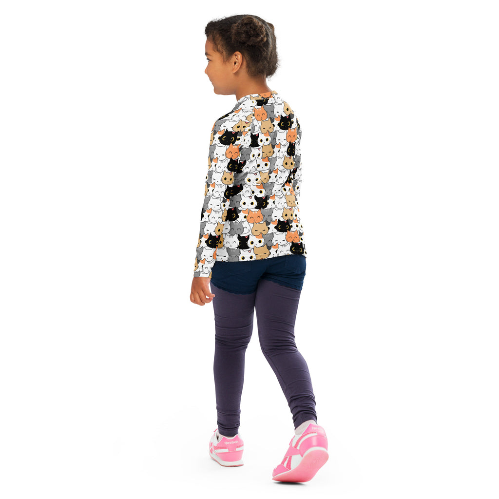 Girls Cat Face Long Sleeve Rash Guard Swim Shirt With UPF 50+