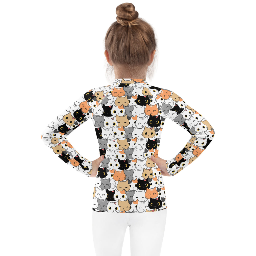 Girls Cat Face Long Sleeve Rash Guard Swim Shirt With UPF 50+
