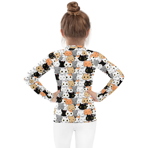 Girls cat face long sleeve rash guard swim shirt with upf 50+ featuring playful black white gray and orange cartoon cats