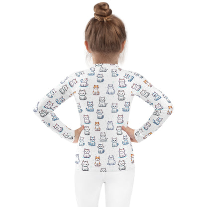 Girls Cat Pattern Long Sleeve Rash Guard Swim Shirt With UPF 50+
