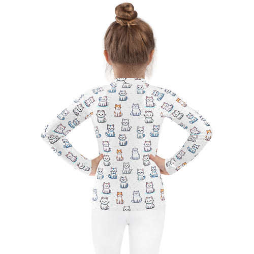 Girls cat pattern long sleeve rash guard swim shirt in white with colorful cartoon cats and UPF 50+ protection