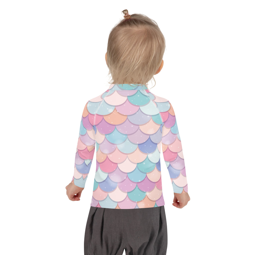Girls Rainbow Mermaid Scales Long Sleeve Rash Guard Swim Shirt With UPF 50+
