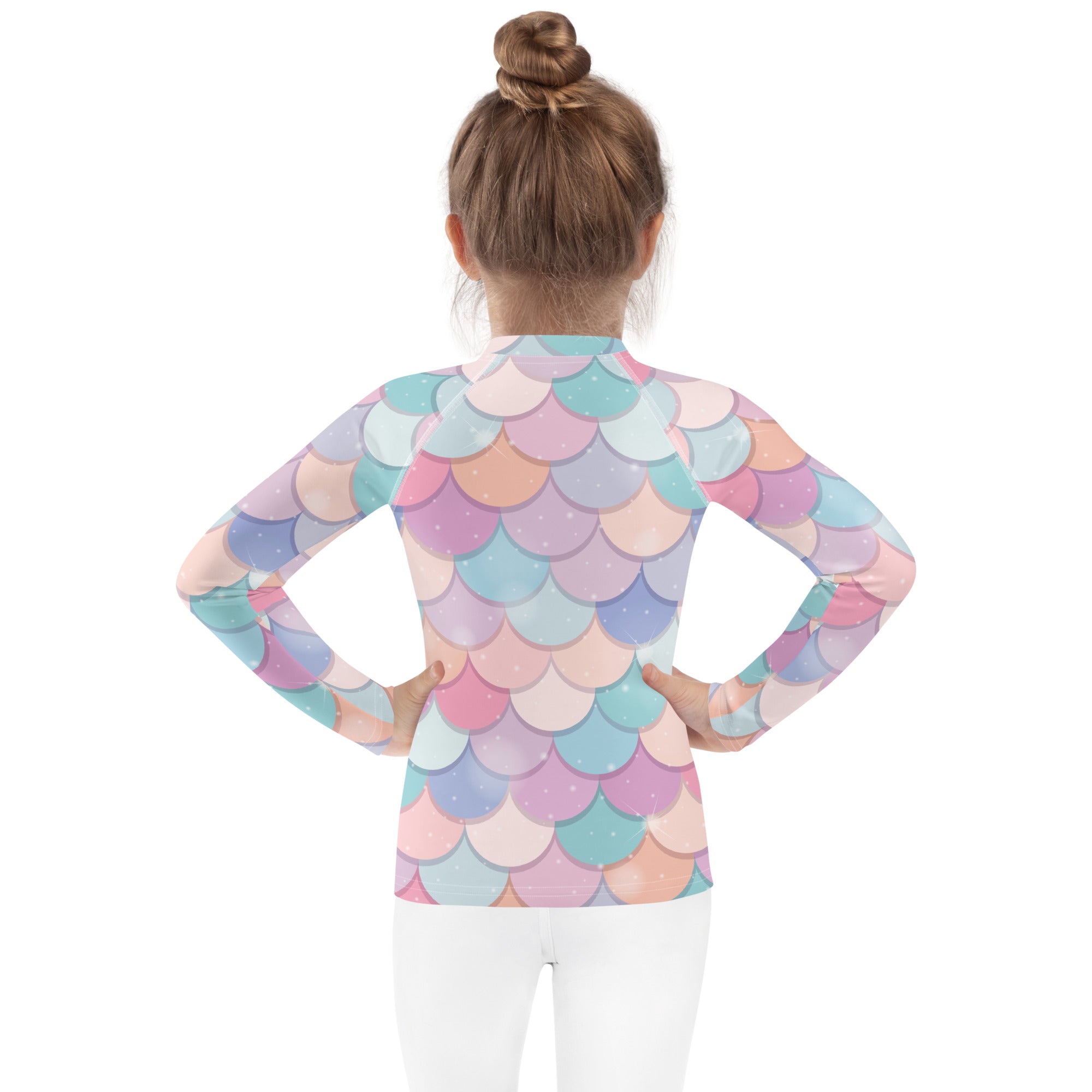 Girls Rainbow Mermaid Scales Long Sleeve Rash Guard Swim Shirt With UPF 50+