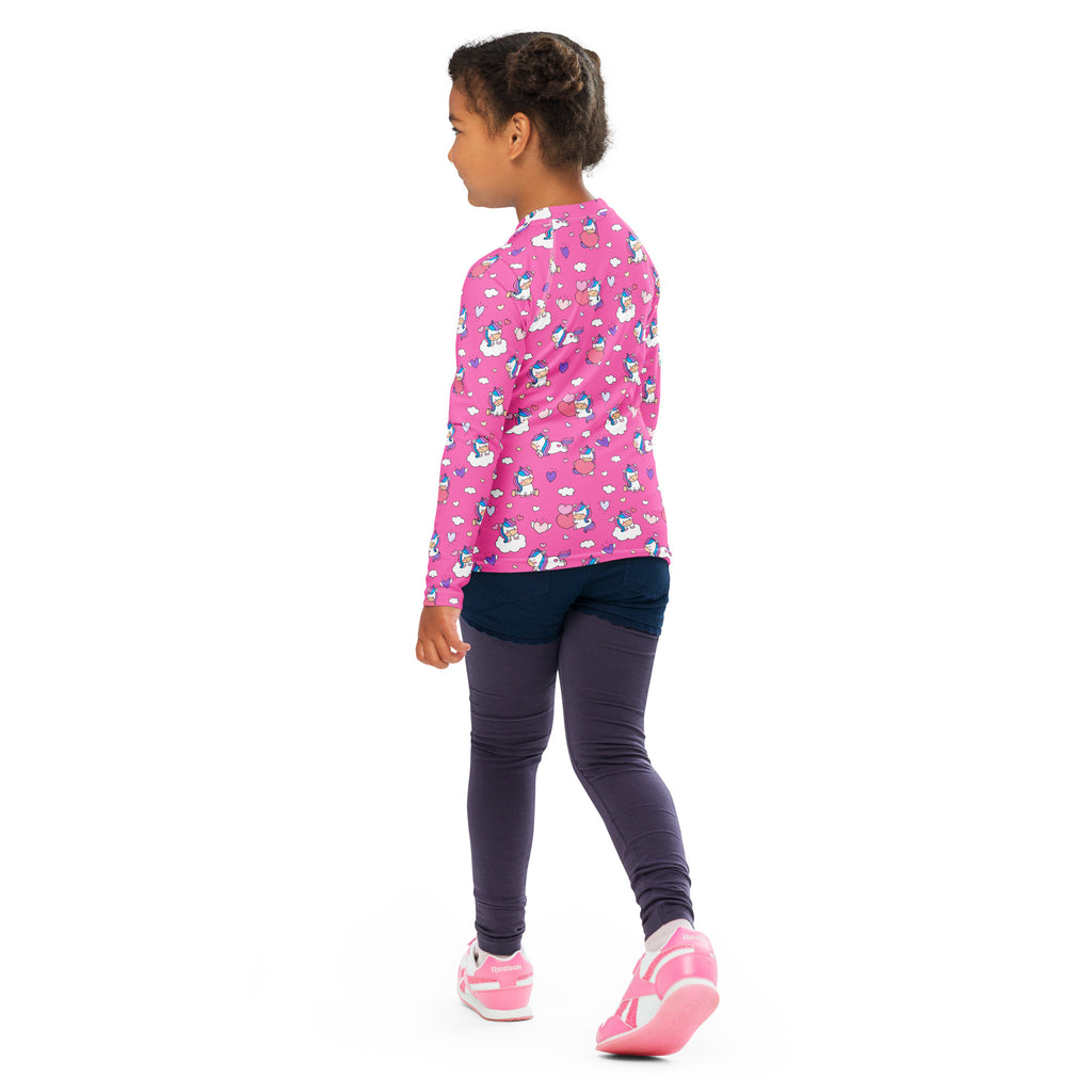 Pink long sleeve unicorn print rash guard swim shirt for girls with upf 50 plus sun protection