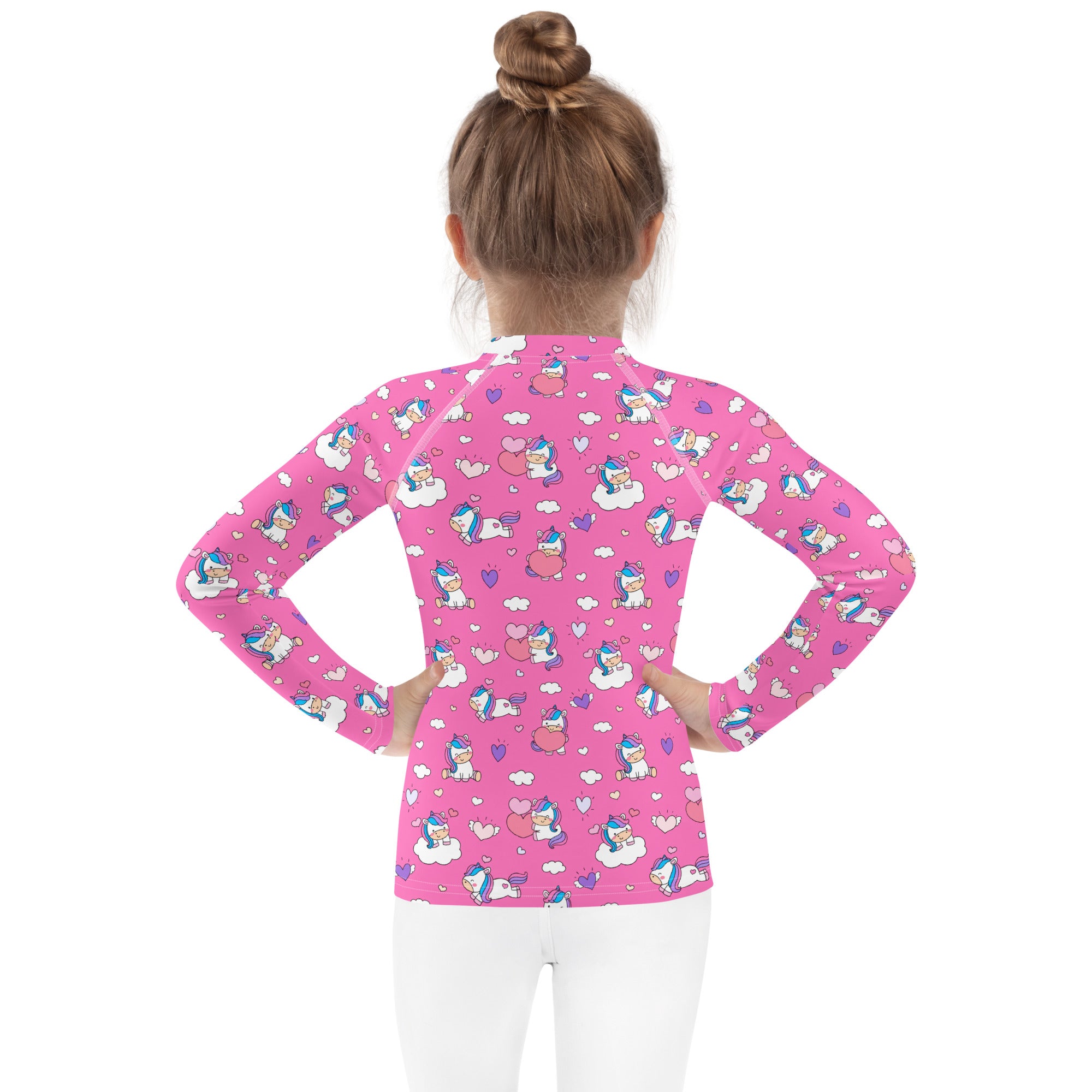 Pink girls long sleeve rash guard swim shirt with cartoon unicorns hearts clouds pattern and UPF 50+ sun protection