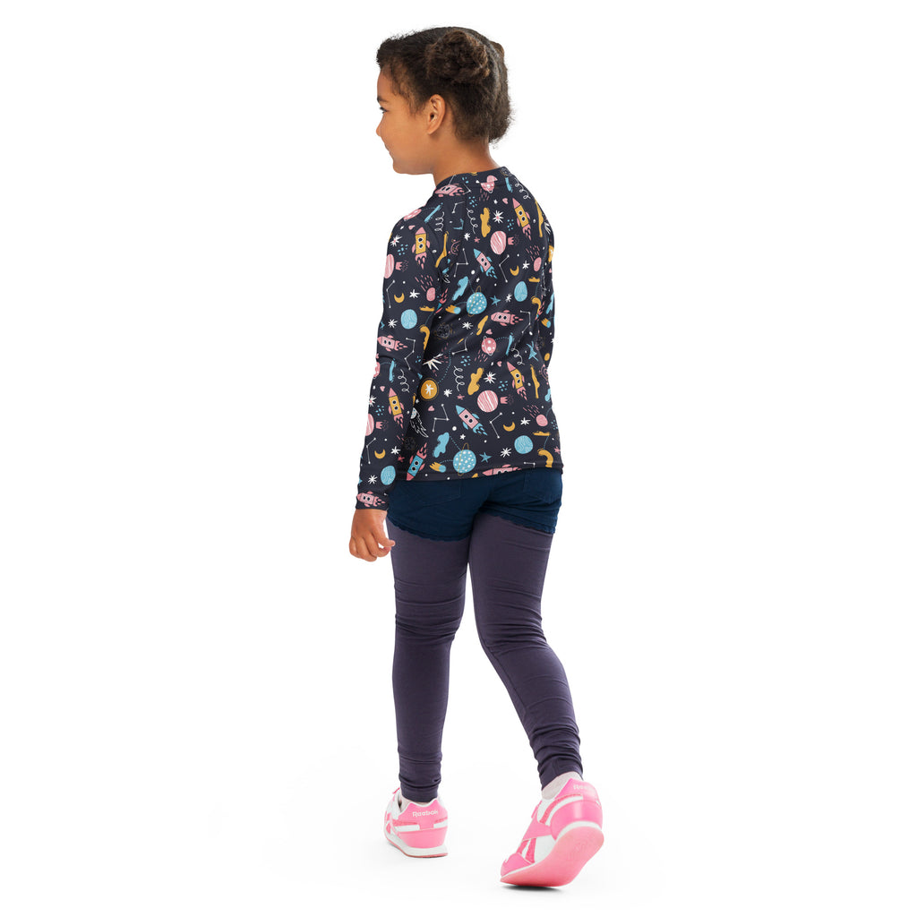 Kids Outer Space Rash Guard Long Sleeve Swim Shirt With UPF 50+