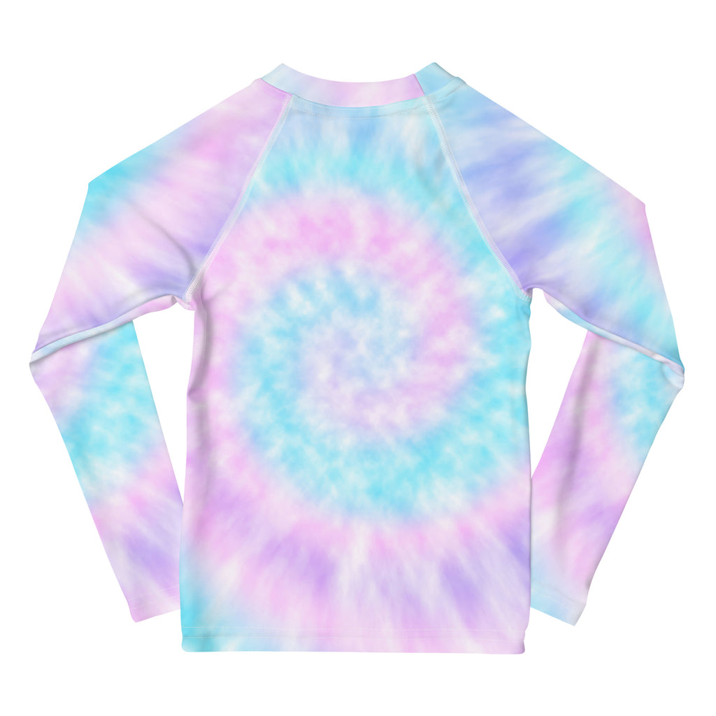 Girls tie dye long-sleeved rash guard in pastel pink blue and purple for birthday swim shirt use