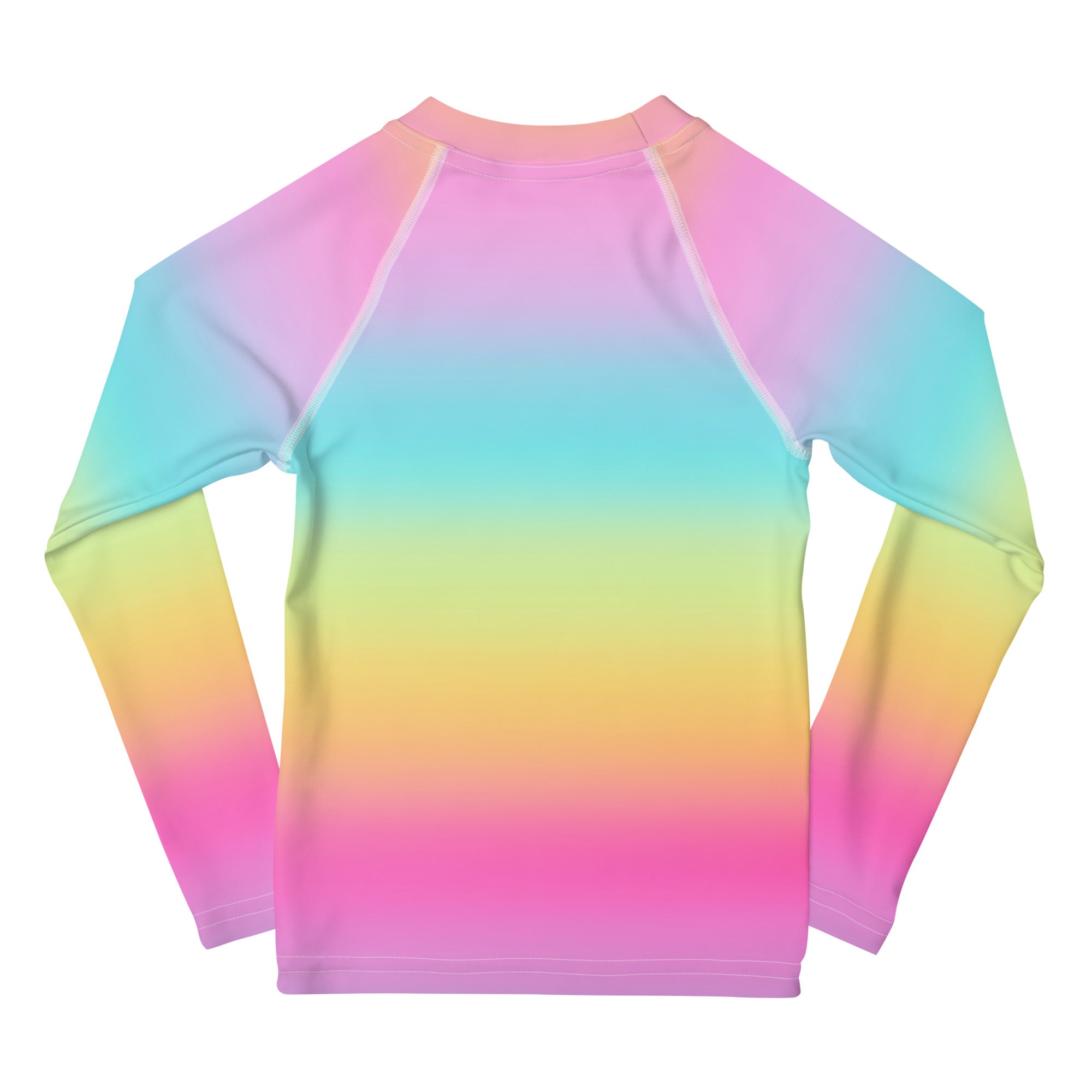 A girls bright rainbow long-sleeved rash guard with smooth seamless fabric in pink blue and yellow with UPF 50+