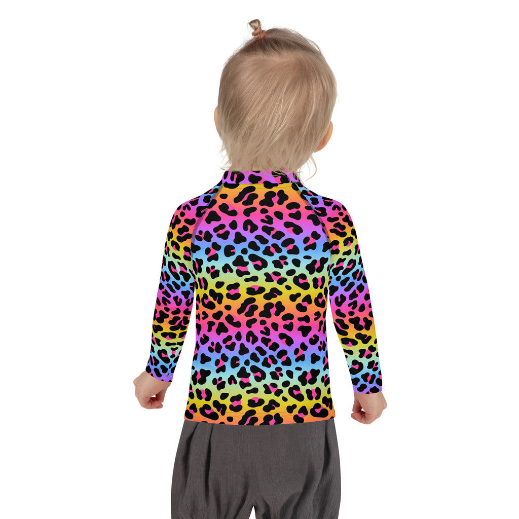 Girls Rainbow Cheetah Long Sleeve Rash Guard Swim Shirt - UPF 50+