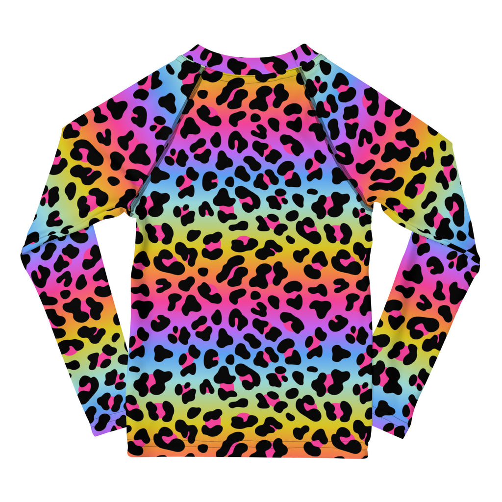 Girls Rainbow Cheetah Long Sleeve Rash Guard Swim Shirt - UPF 50+