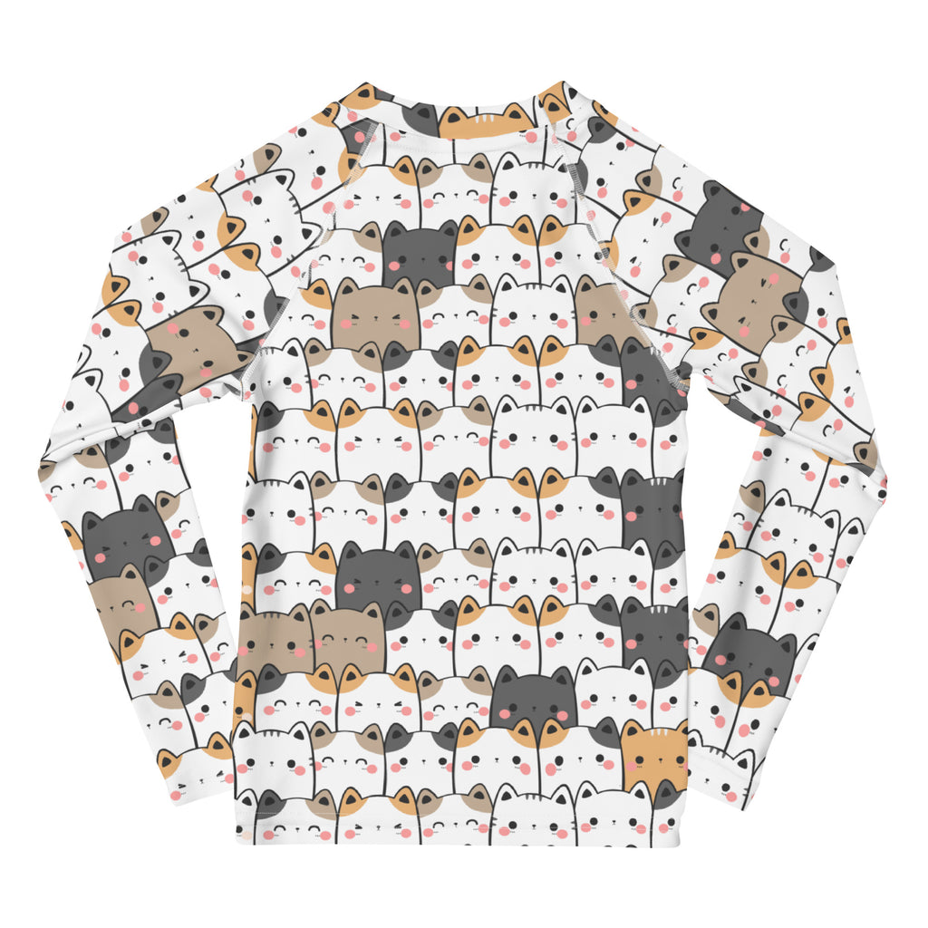 Girls Kawaii Cat Face Long Sleeve Rash Guard Swim Shirt With UPF 50+