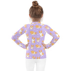 Girls Purple Corgi Dog Long Sleeve Rash Guard Swim Shirt With UPF 50+