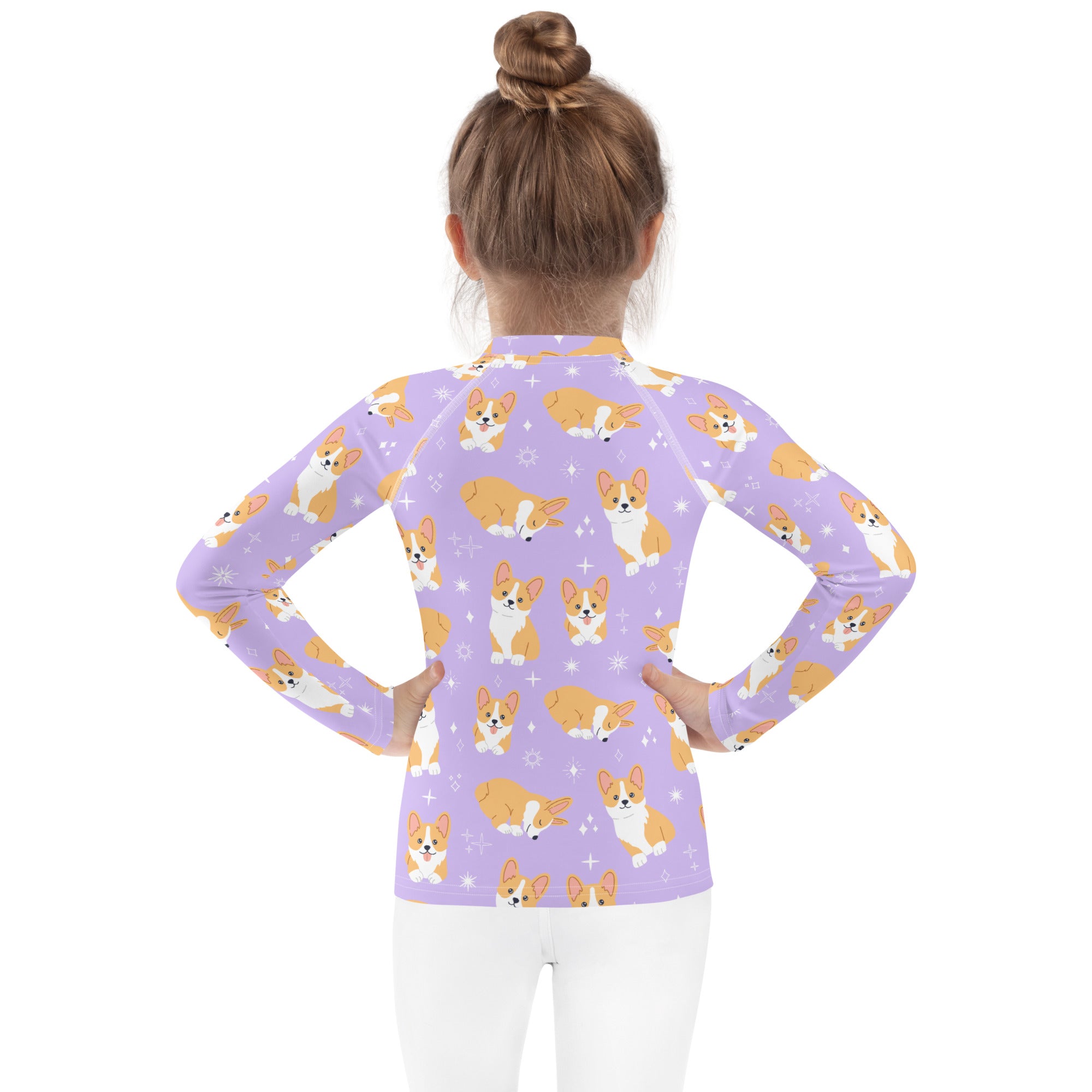 Girls Purple Corgi Dog Long Sleeve Rash Guard Swim Shirt With UPF 50+