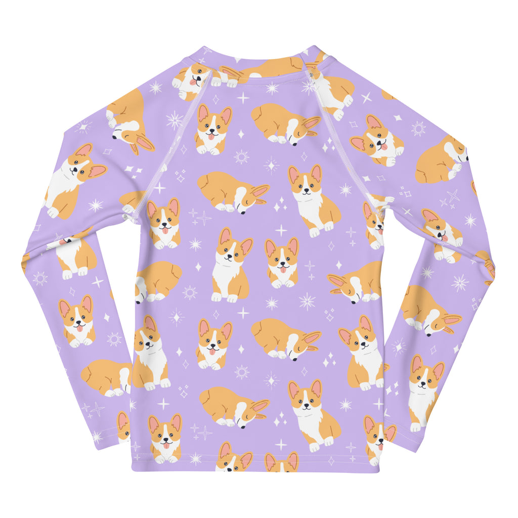 Girls Purple Corgi Dog Long Sleeve Rash Guard Swim Shirt With UPF 50+