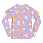 Girls Purple Corgi Dog Long Sleeve Rash Guard Swim Shirt With UPF 50+