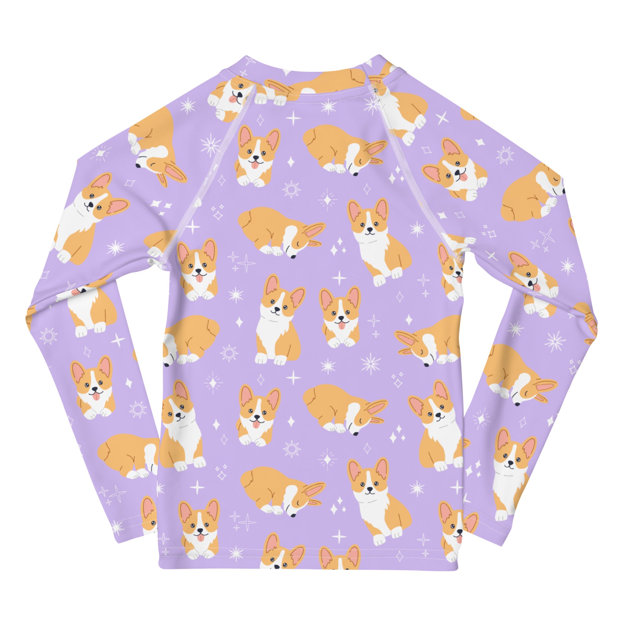 Girls Purple Corgi Dog Long Sleeve Rash Guard Swim Shirt With UPF 50+