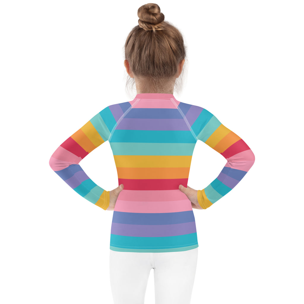 Girls bright rainbow long sleeve rash guard swim shirt with vibrant pink purple blue yellow and orange stripes and UPF 50+