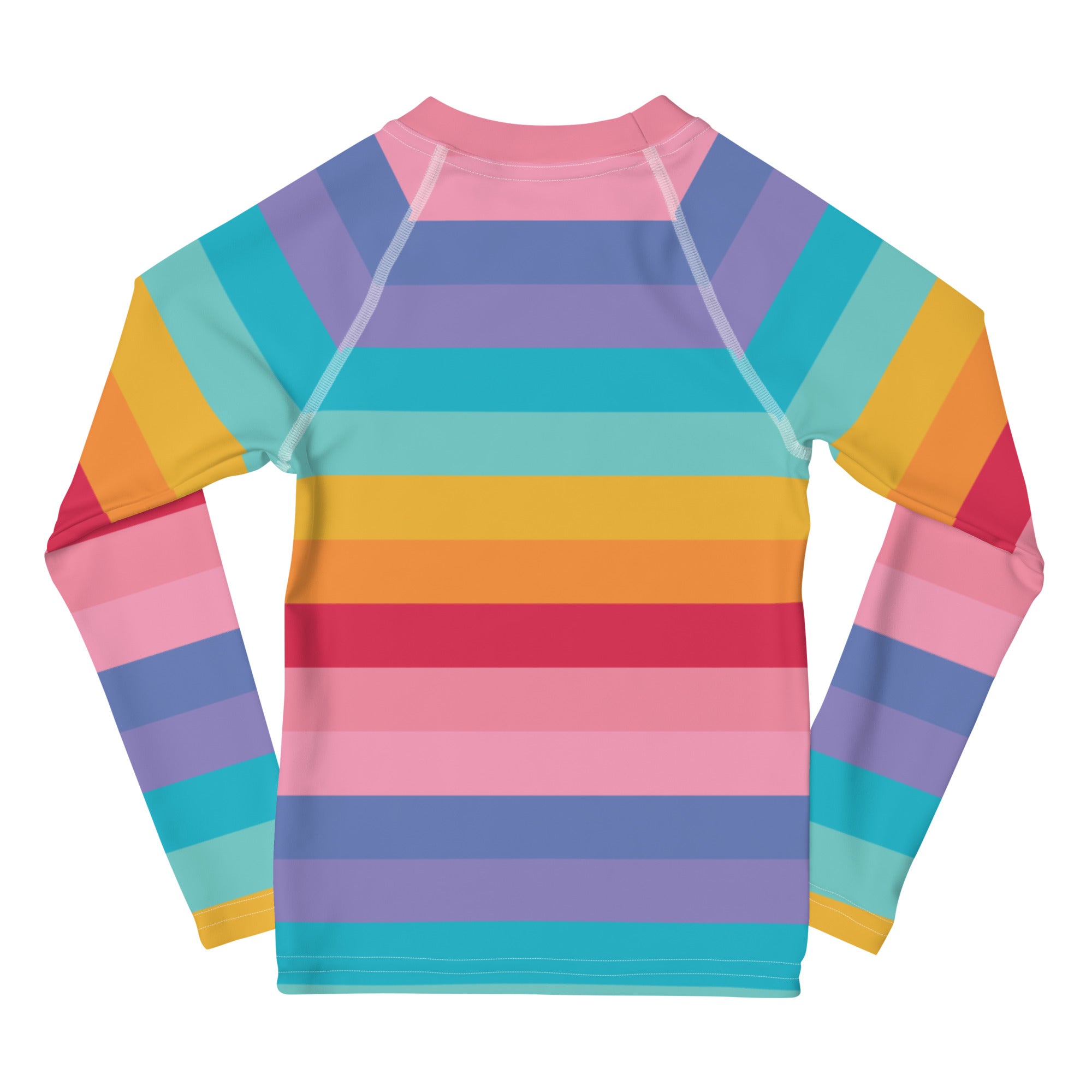 Girls bright rainbow long sleeve rash guard swim shirt with pastel and bright horizontal stripes and UPF 50 plus protection