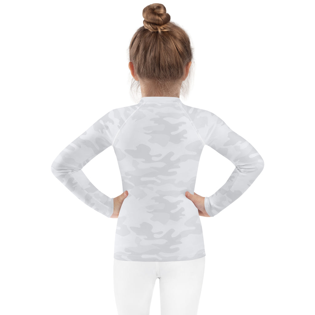 Kids white long sleeve rash guard swim shirt with subtle gray camouflage pattern and UPF 50 plus sun protection