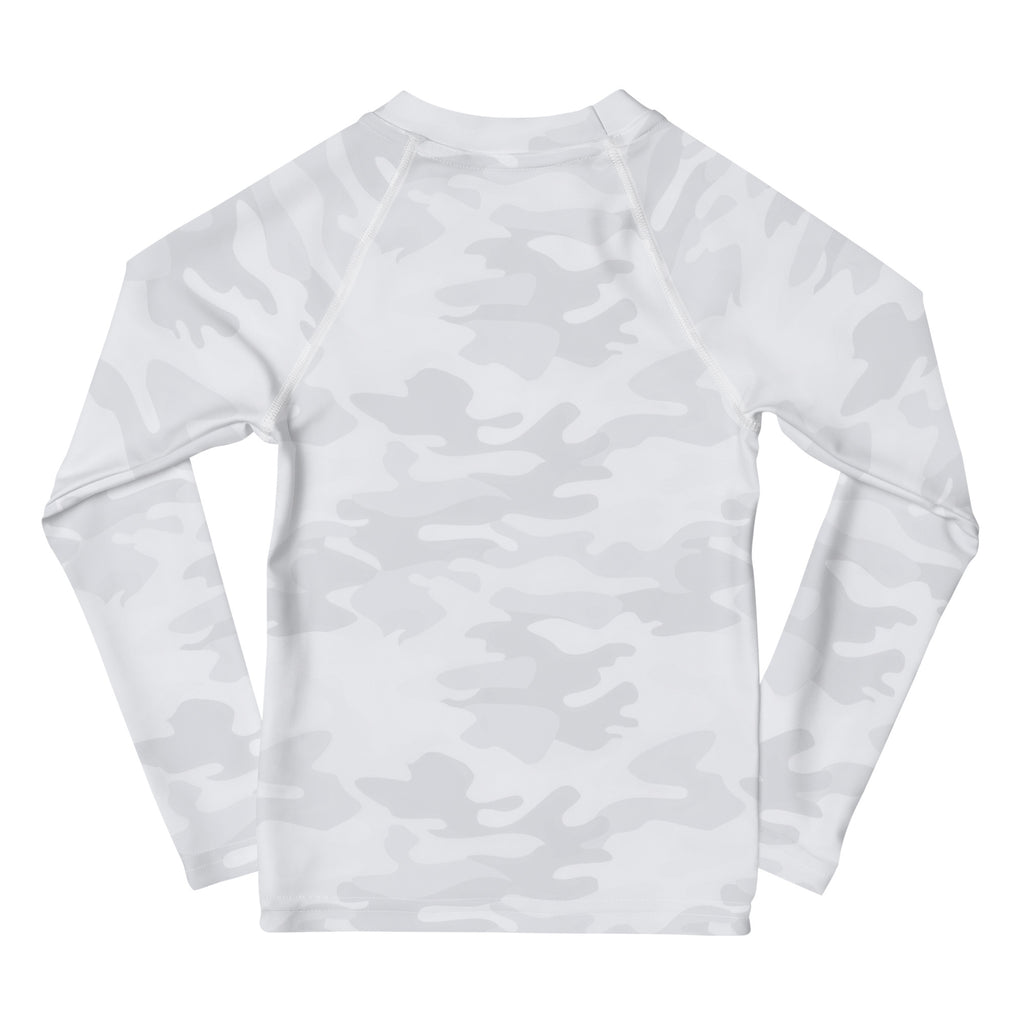 Kids white long sleeve rash guard swim shirt with subtle gray camouflage pattern and UPF 50 plus sun protection