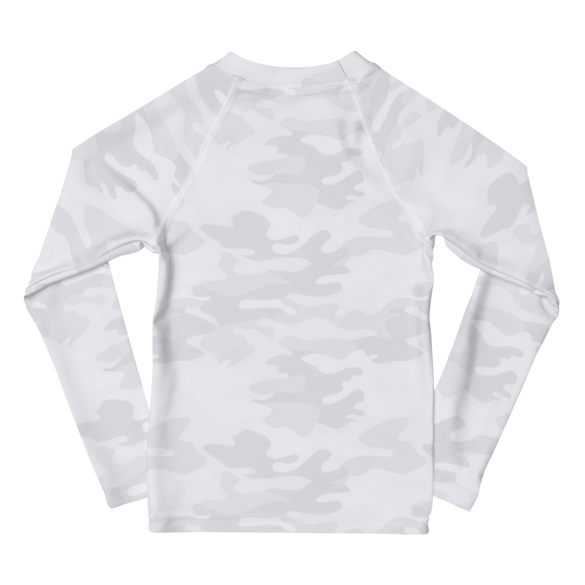 Kids white long sleeve rash guard swim shirt with subtle gray camouflage pattern and UPF 50 plus sun protection