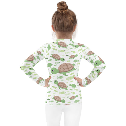 Kids Green Sea Turtle Long Sleeve Rash Guard Swim Shirt With UPF 50+