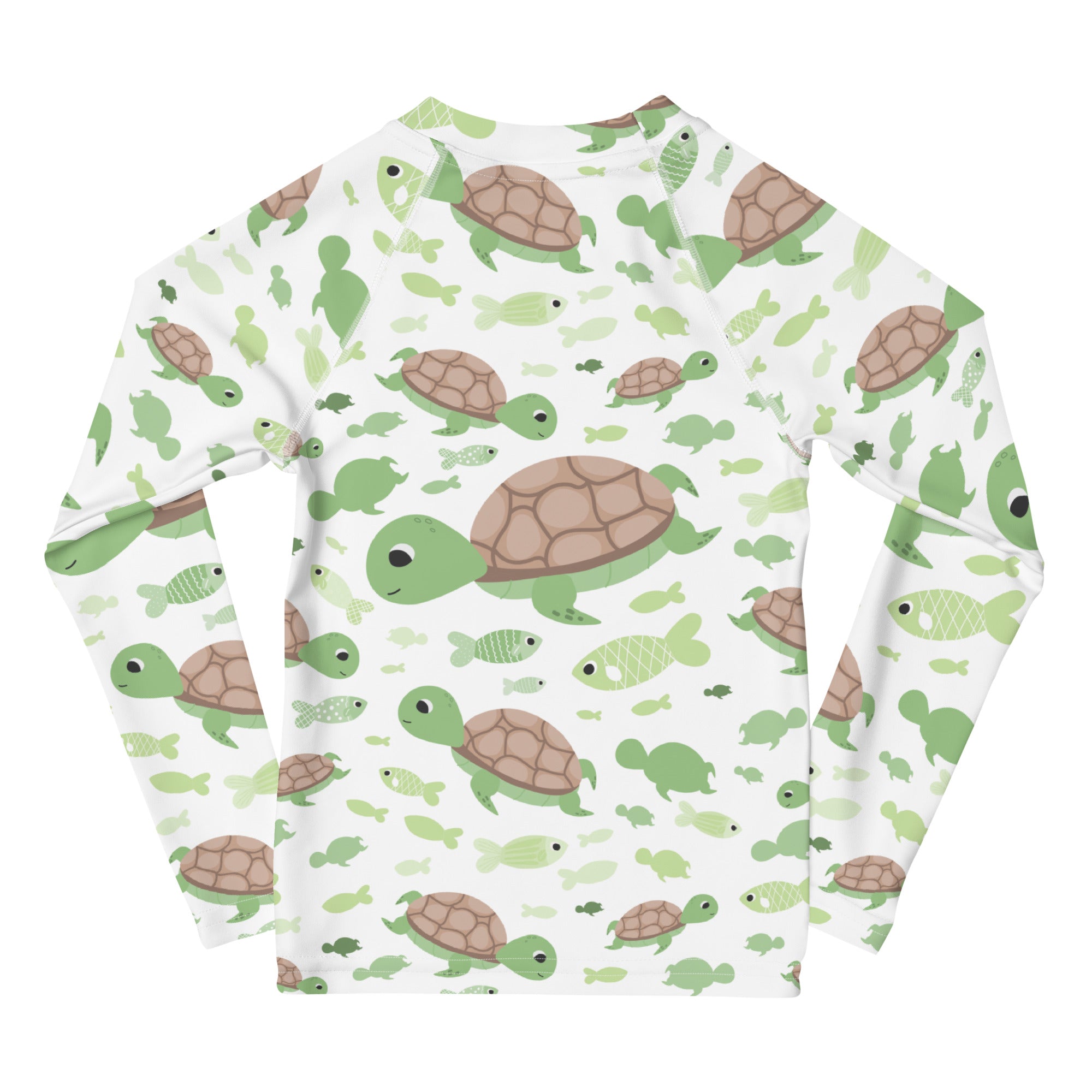 White long sleeve rash guard for kids with green sea turtle pattern and UPF 50 plus sun protection for swimming