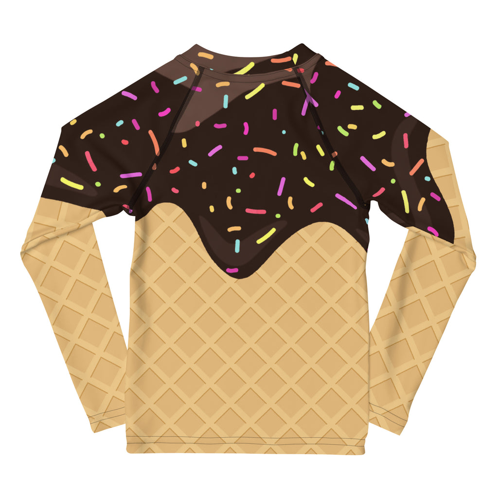 Kids chocolate ice cream waffle cone long sleeve rash guard with colorful sprinkles and UPF 50 plus protection