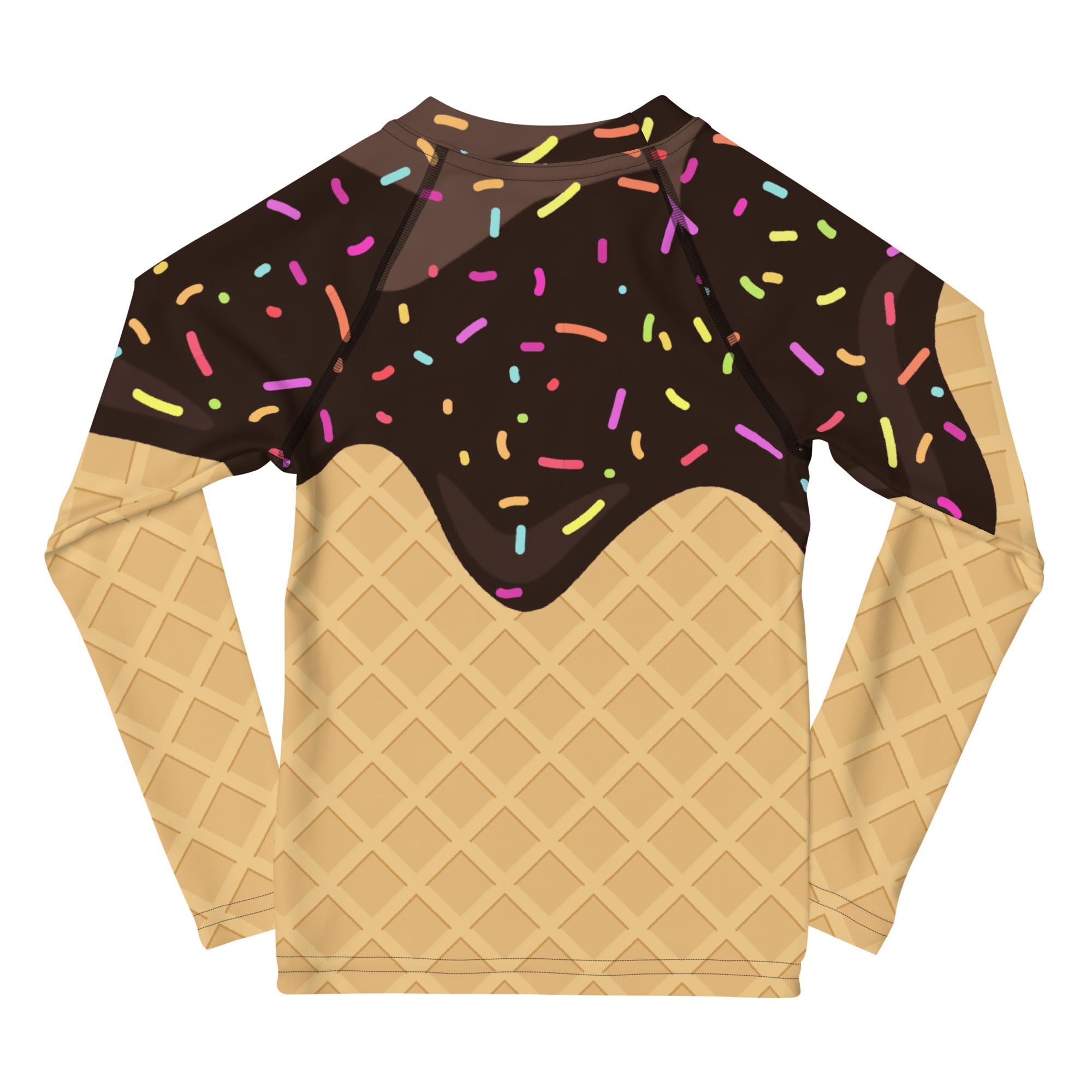 Kids chocolate ice cream waffle cone long sleeve rash guard with colorful sprinkles and UPF 50 plus protection