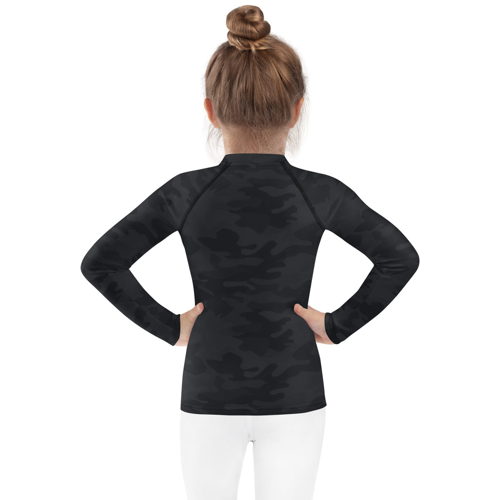 Kids black camouflage long sleeve rash guard swim shirt with upf 50 plus featuring a subtle camouflage pattern