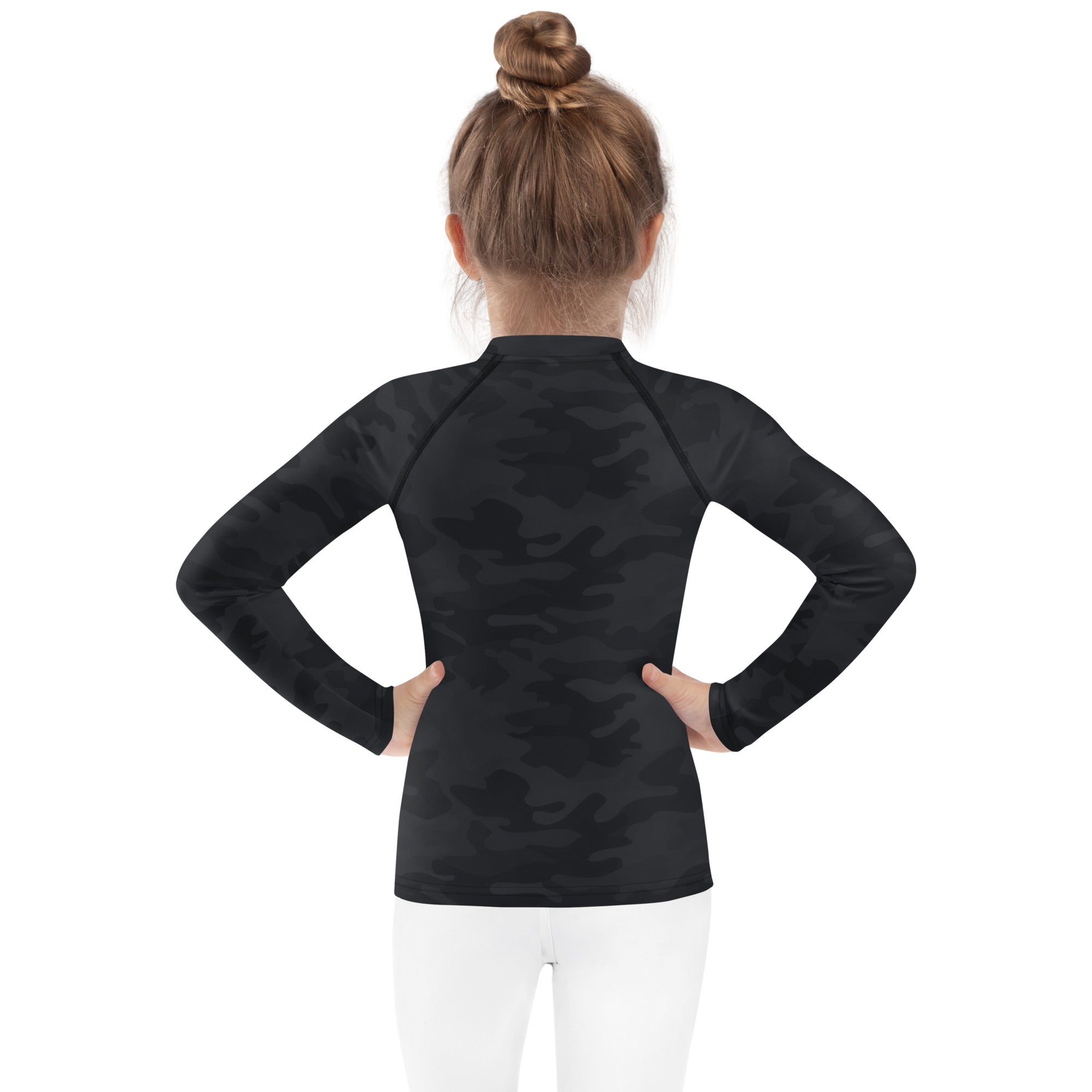 Kids black camouflage long sleeve rash guard swim shirt with upf 50 plus featuring a subtle camouflage pattern