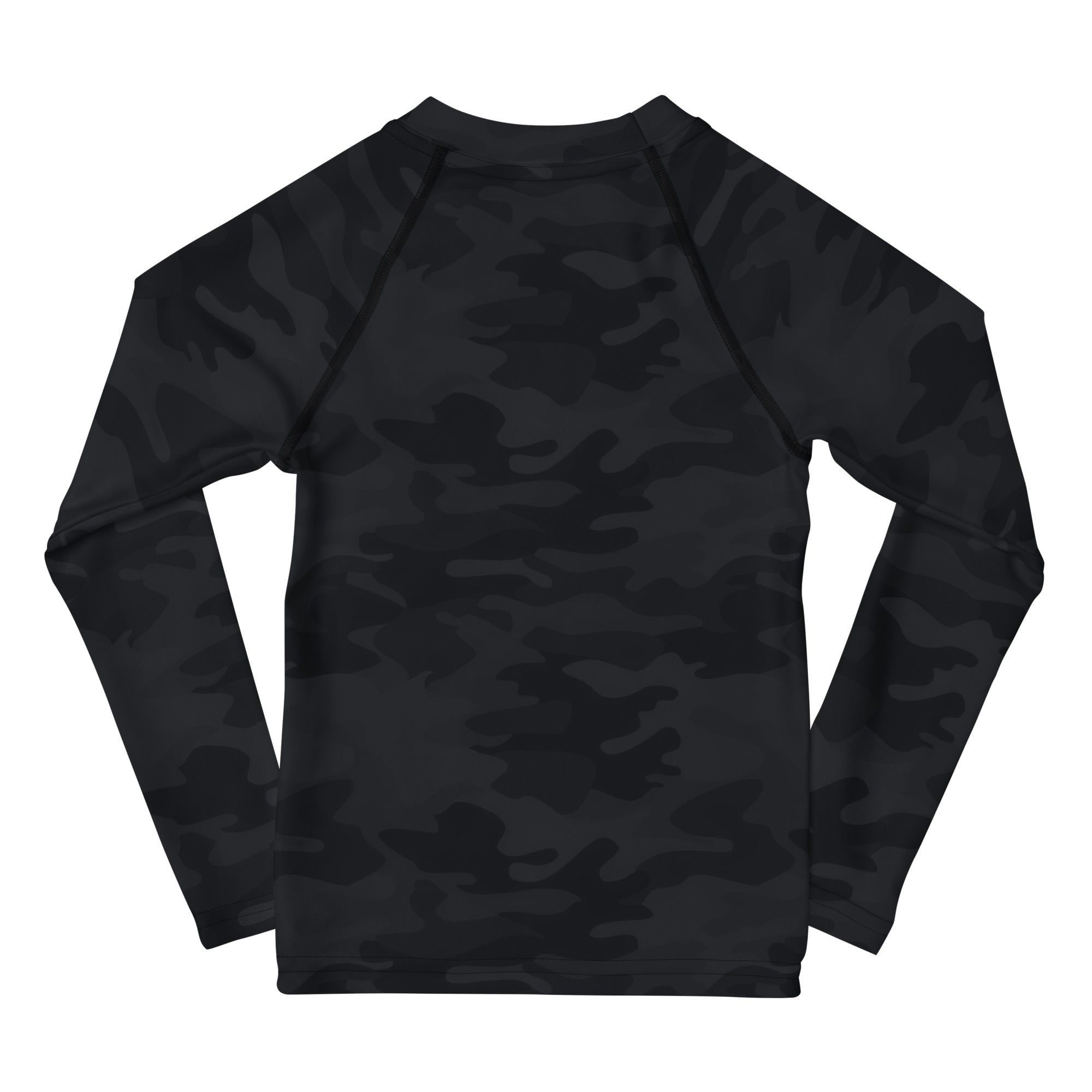 Kids black camouflage long sleeve rash guard swim shirt with upf 50 plus featuring a dark gray camo pattern