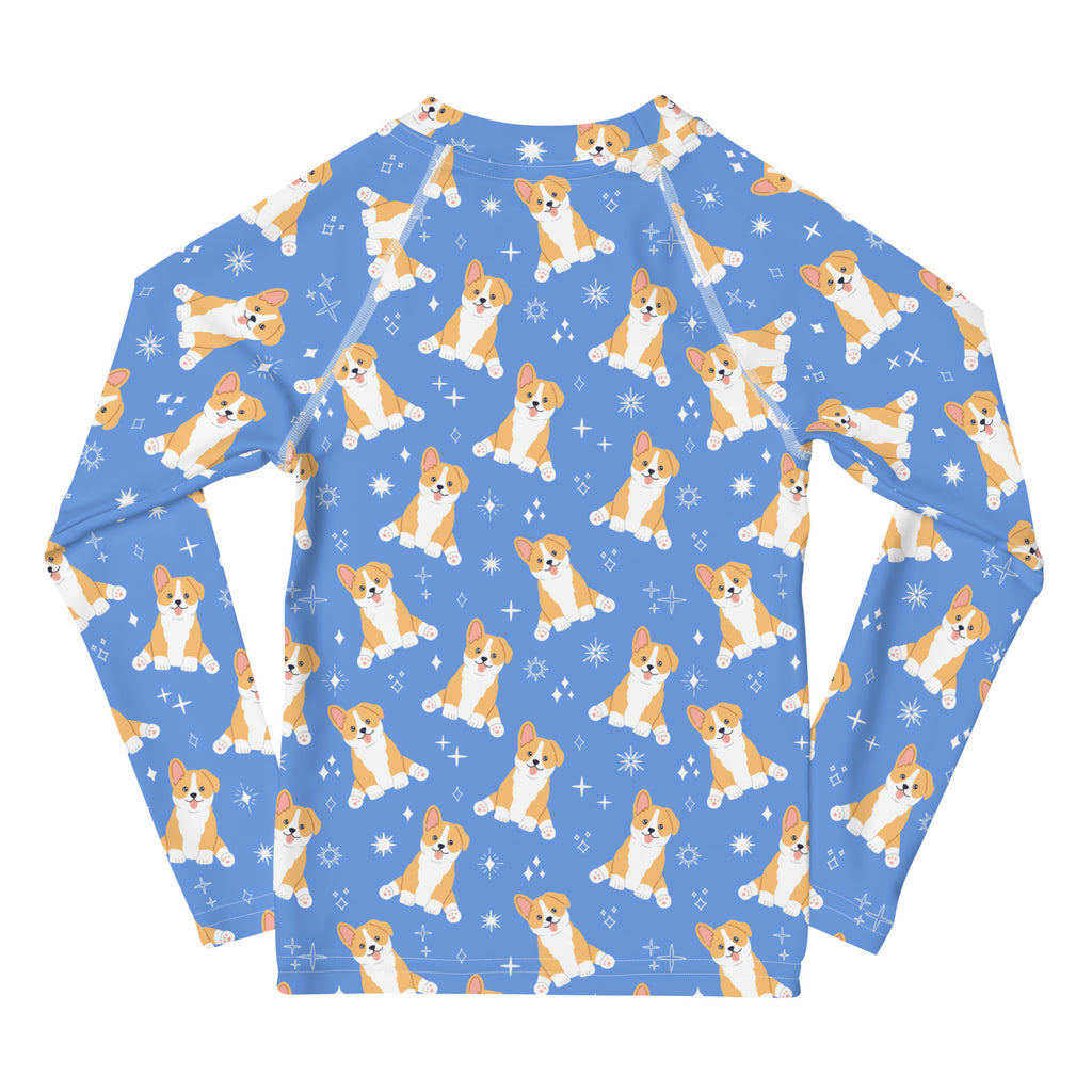 Kids Blue Corgi Dog Long Sleeve Rash Guard Swim Shirt With UPF 50+