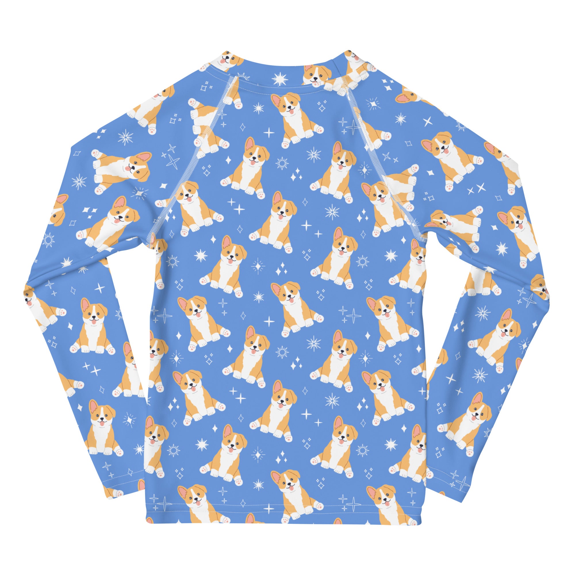 Kids Blue Corgi Dog Long Sleeve Rash Guard Swim Shirt With UPF 50+