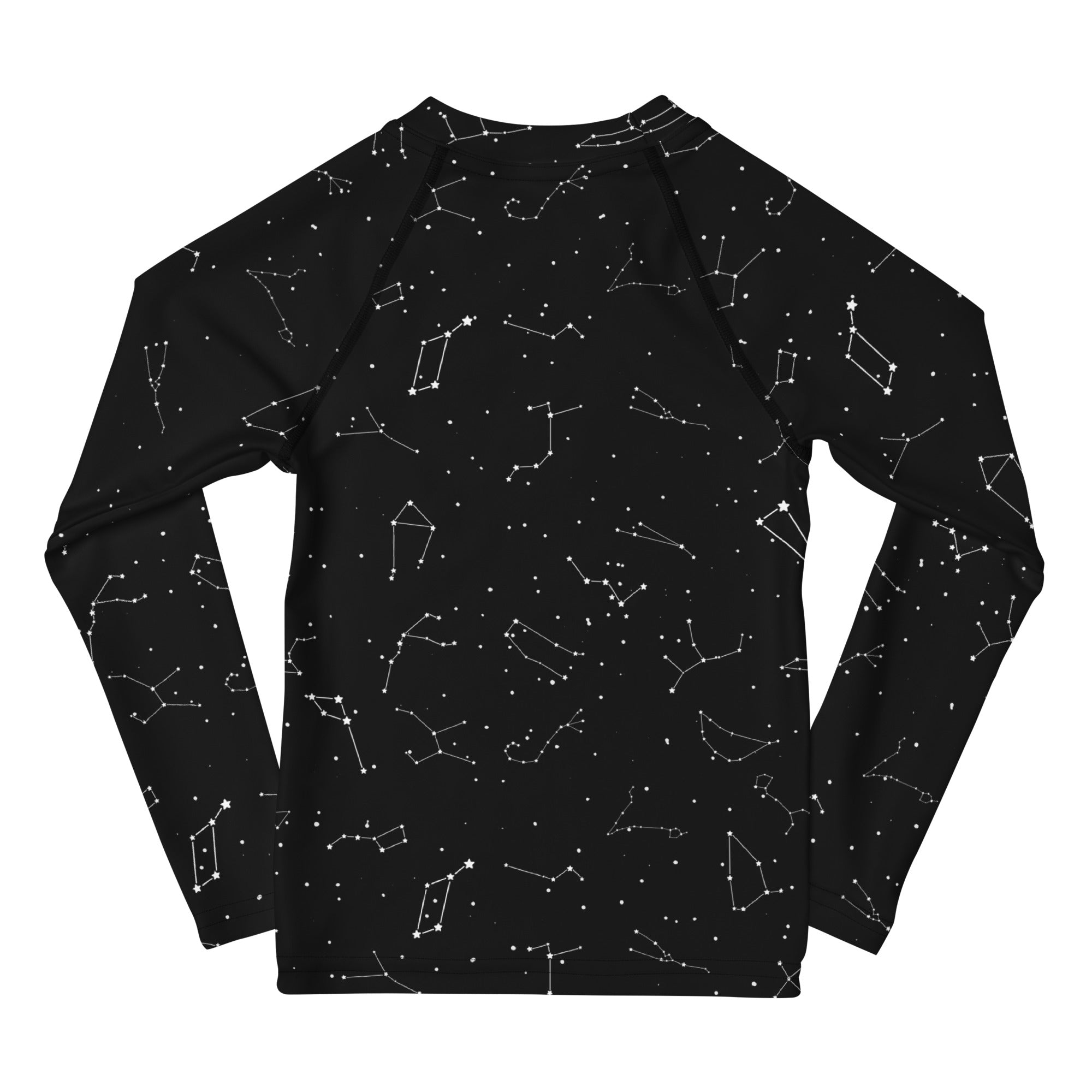Black kids long-sleeve rash guard swim shirt with white constellation pattern and upf 50 plus sun protection