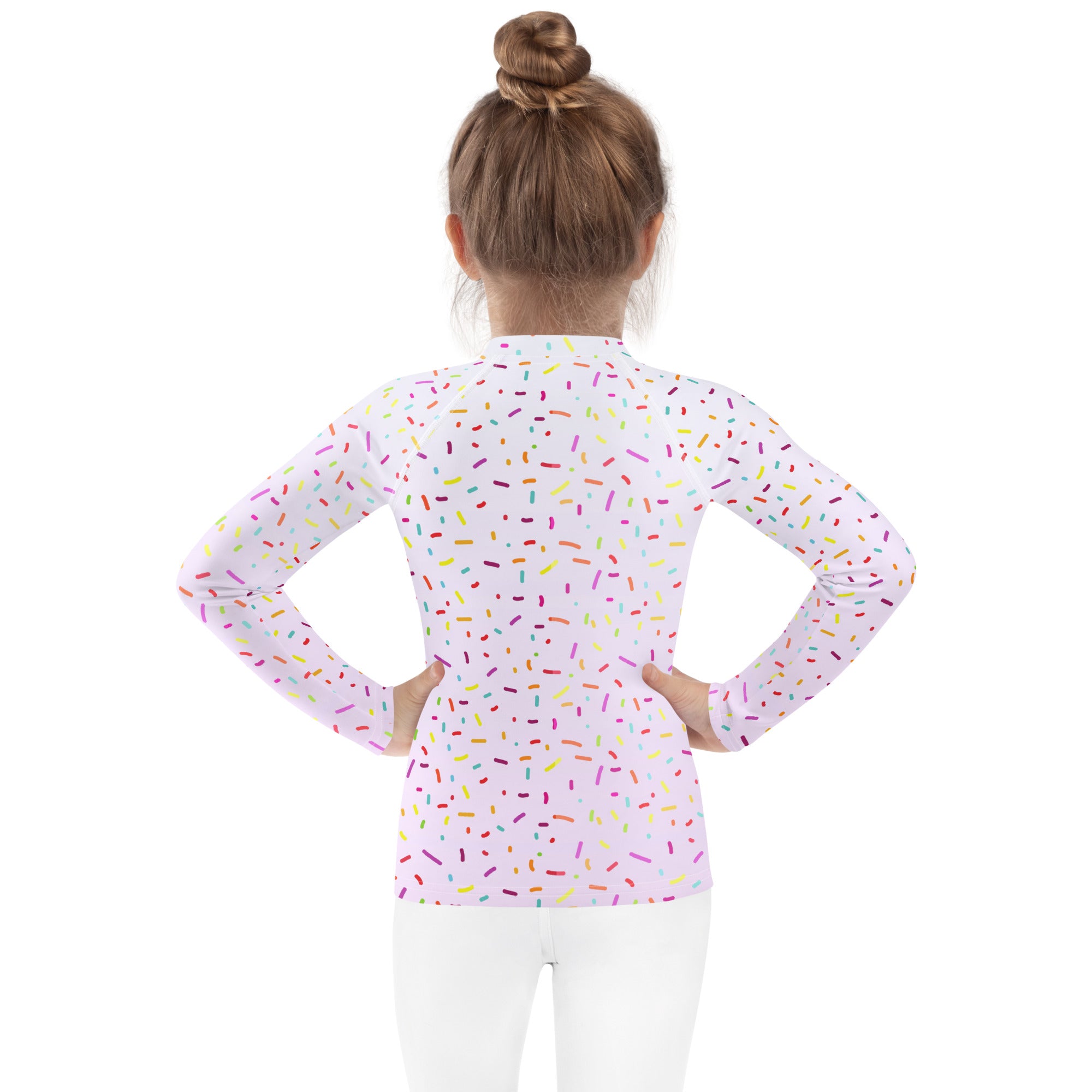 Kids colorful sprinkles long sleeve rash guard swim shirt white with pastel sprinkles and upf 50 plus protection