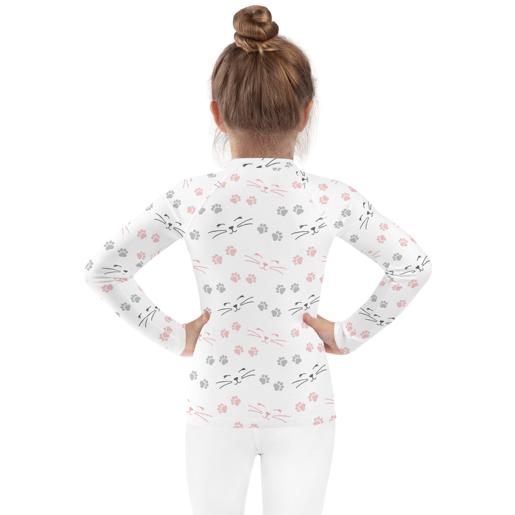 Girls Paw Print Cat Long Sleeve Rash Guard Swim Shirt With UPF 50+
