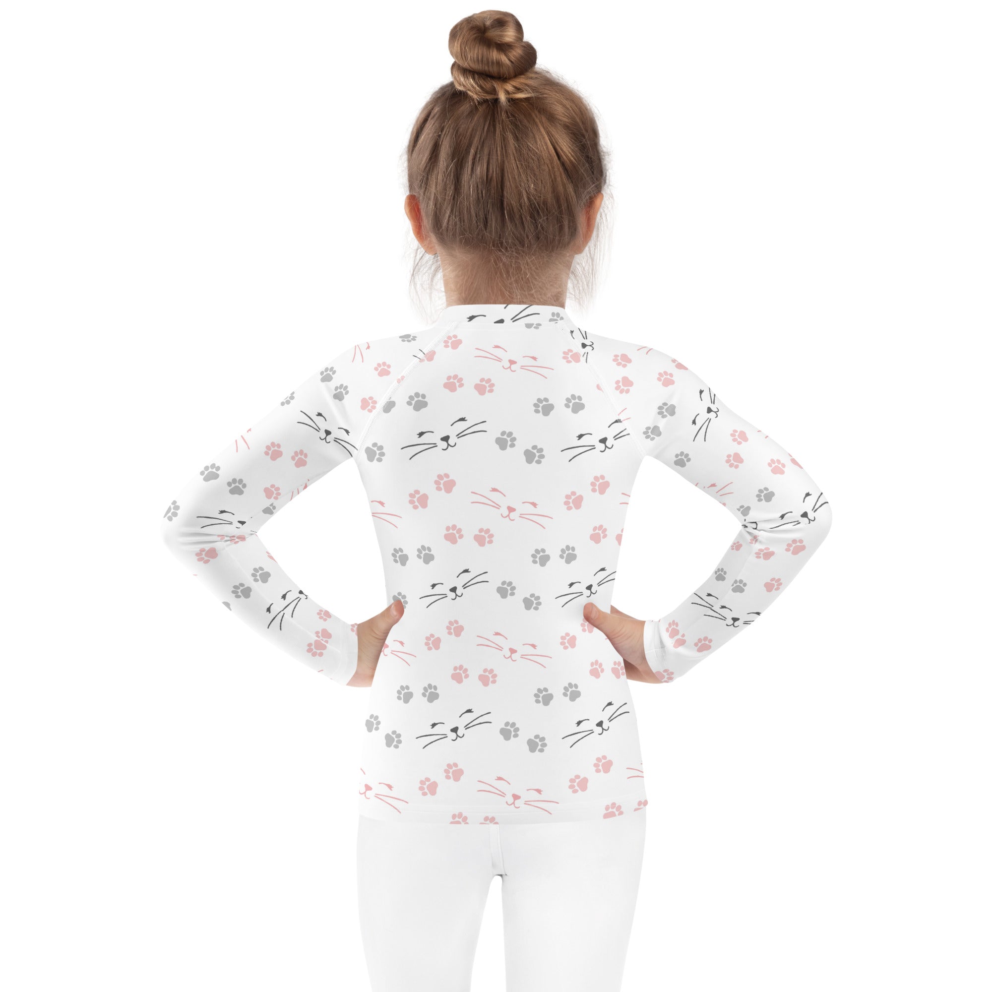 Girls Paw Print Cat Long Sleeve Rash Guard Swim Shirt With UPF 50+