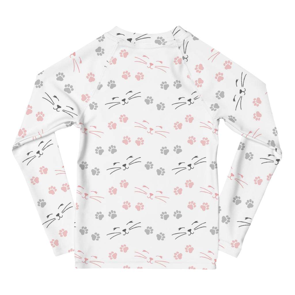 Girls Paw Print Cat Long Sleeve Rash Guard Swim Shirt With UPF 50+
