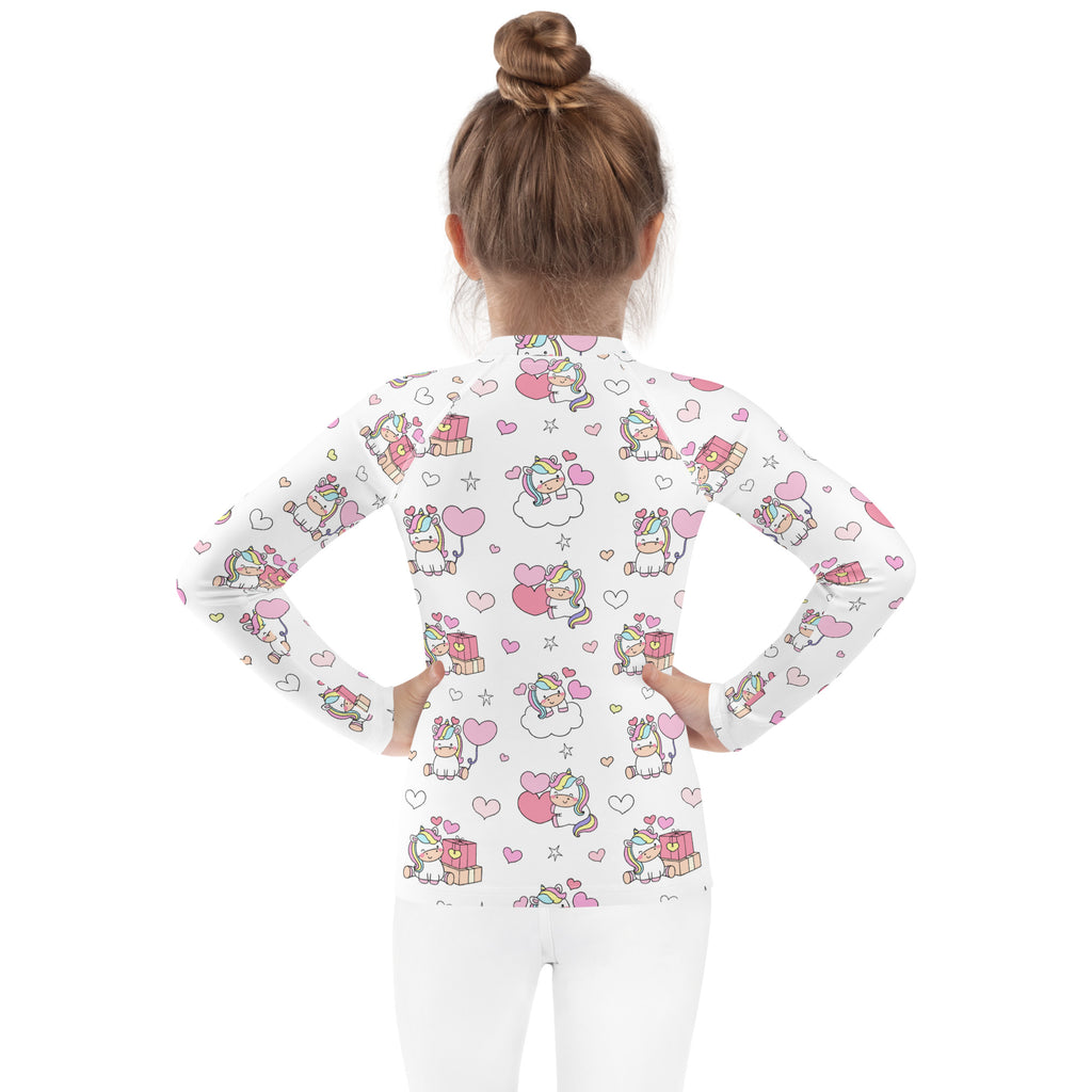 White long sleeve rash guard swim shirt for girls with unicorn pattern pink hearts stars and upf 50 plus protection