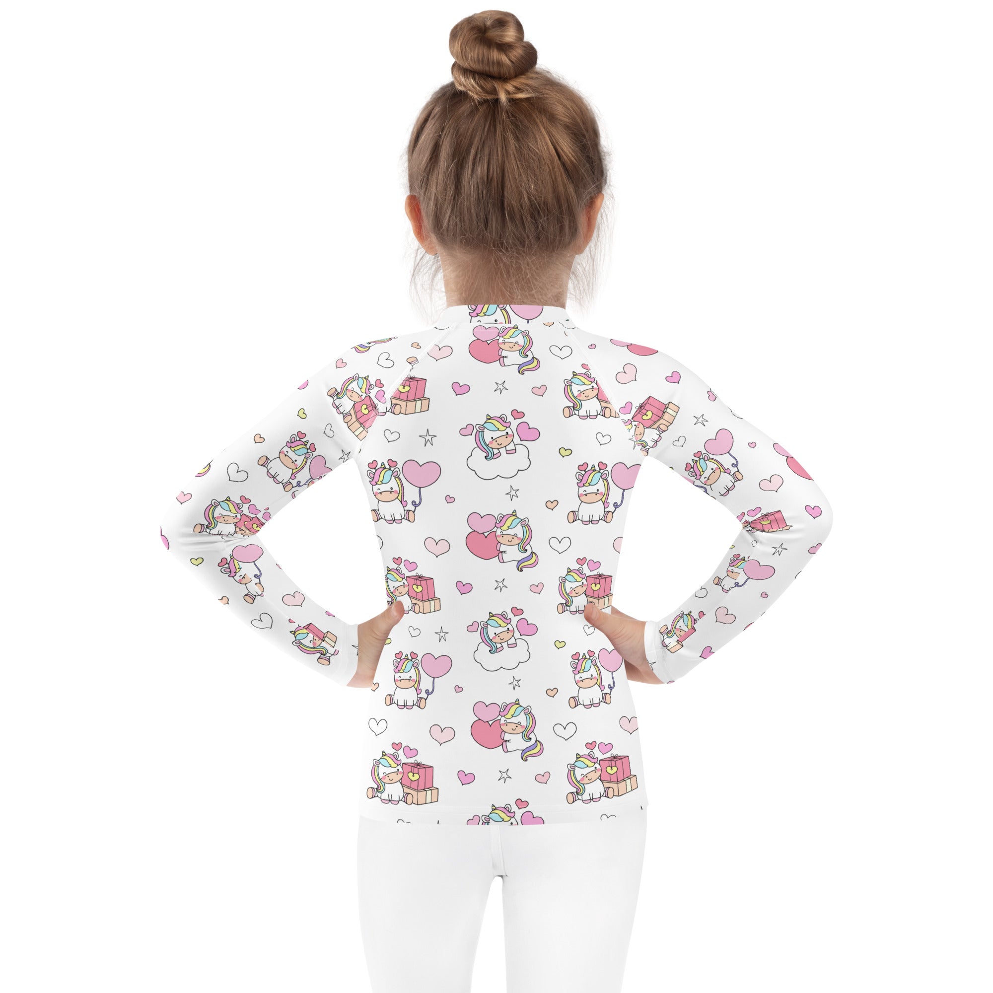 White long sleeve rash guard swim shirt for girls with unicorn pattern pink hearts stars and upf 50 plus protection