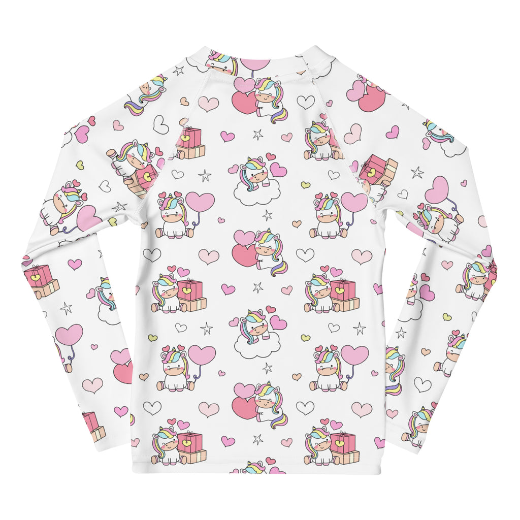 White girls unicorn birthday long sleeve rash guard swim shirt with upf 50 featuring cartoon unicorns hearts and gifts