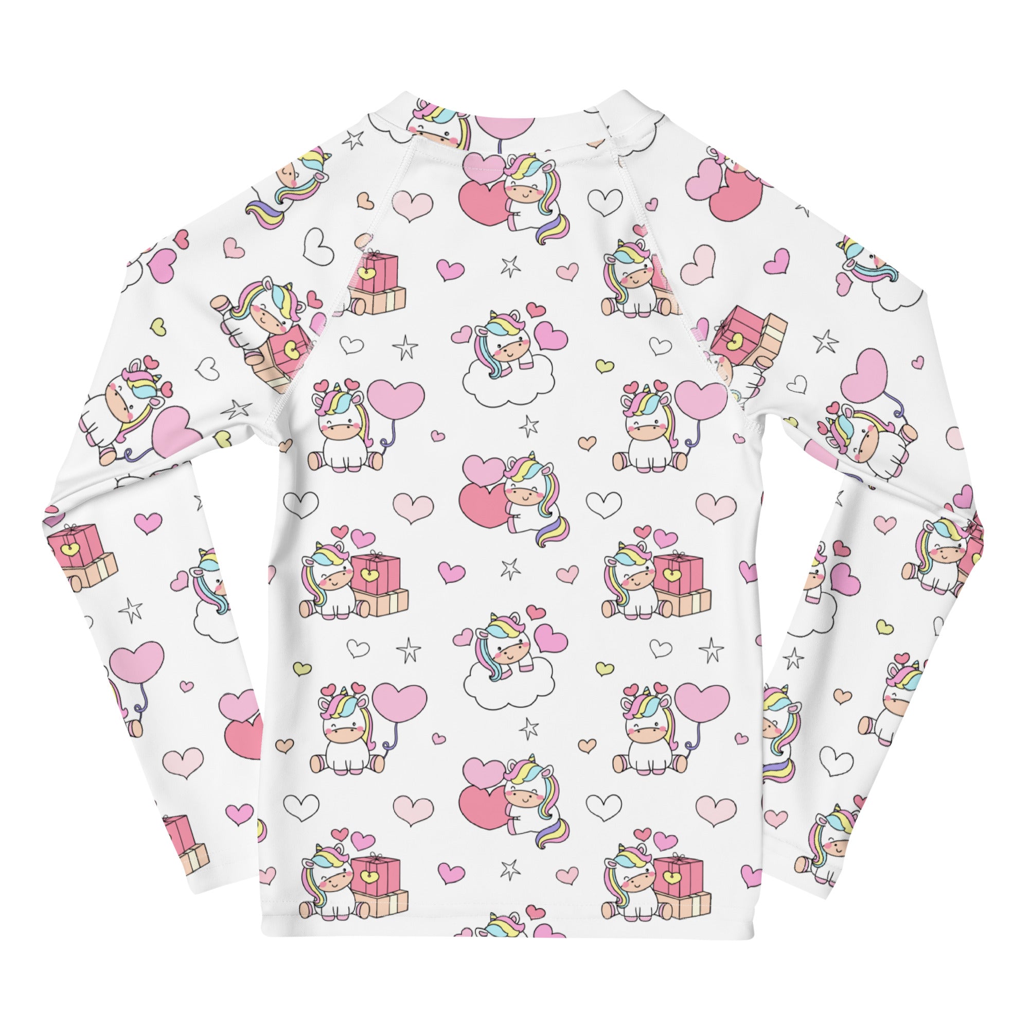 White girls unicorn birthday long sleeve rash guard swim shirt with upf 50 featuring cartoon unicorns hearts and gifts