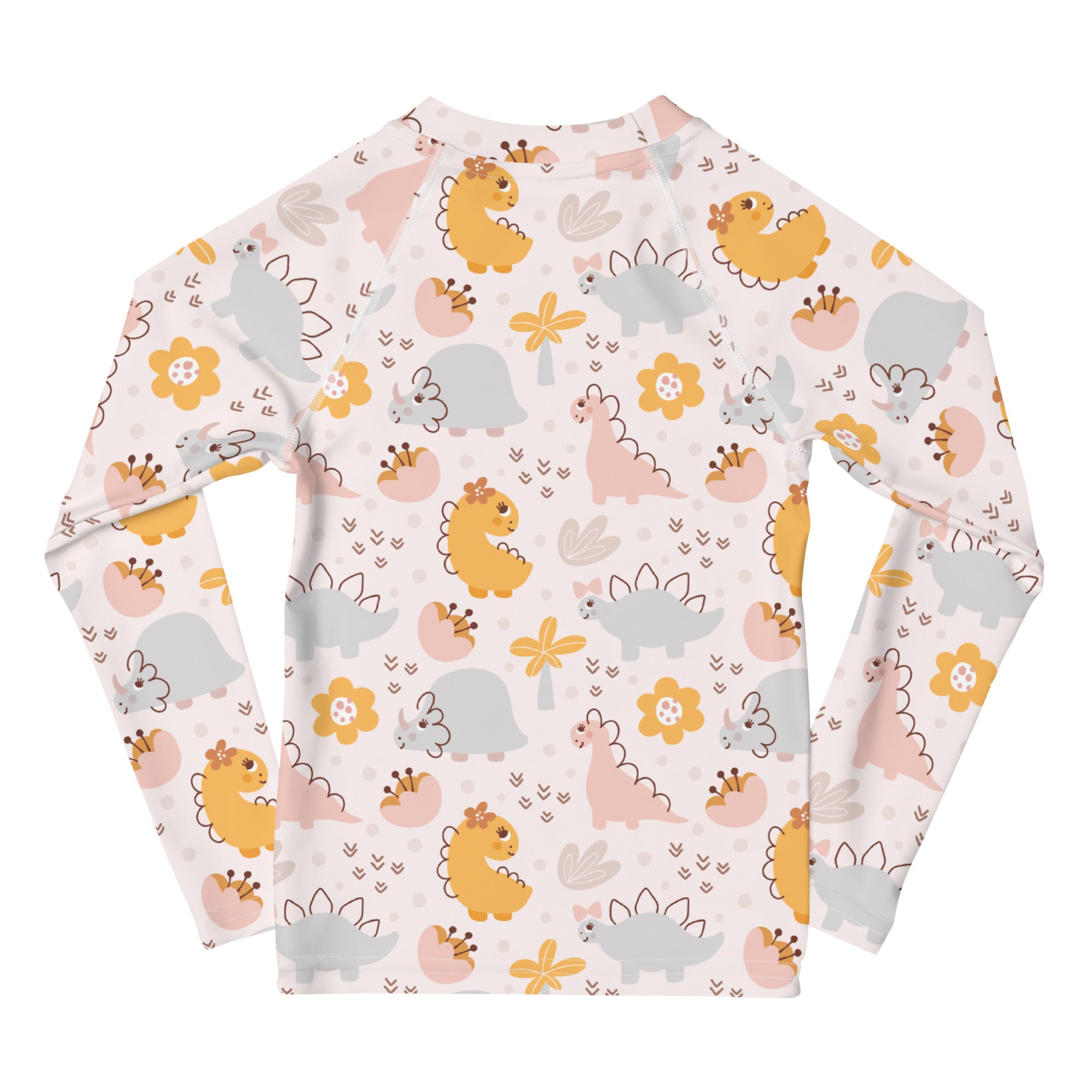 Girls floral dinosaur long sleeve rash guard swim shirt with UPF 50 featuring yellow pink gray dinosaurs and orange flowers on light background
