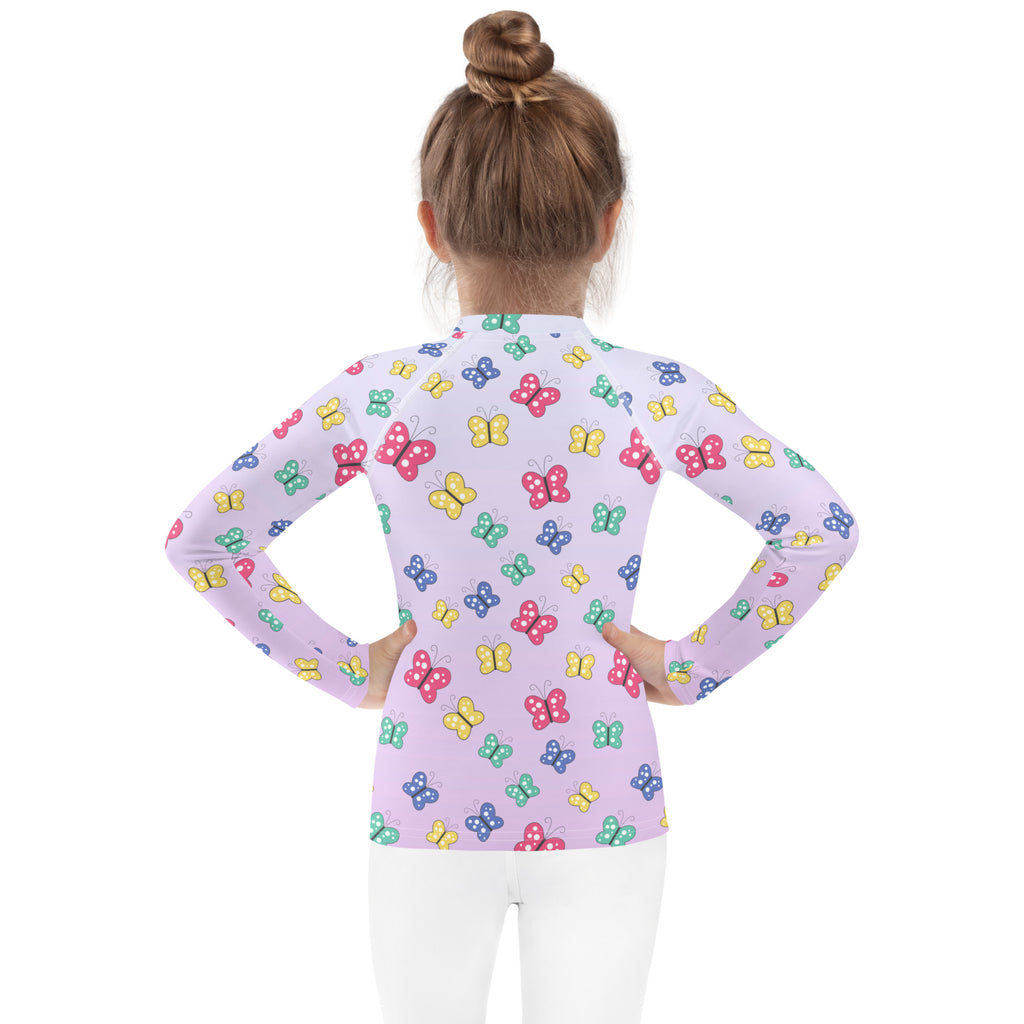 Girls colorful butterfly long sleeve rash guard swim shirt with upf 50 plus lavender with multicolored butterfly pattern