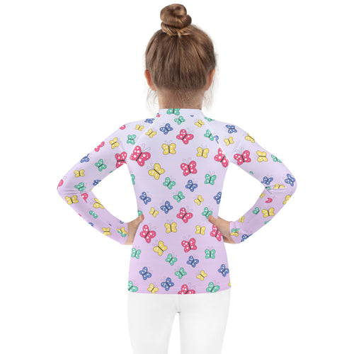 Girls colorful butterfly long sleeve rash guard swim shirt with upf 50 plus lavender with multicolored butterfly pattern