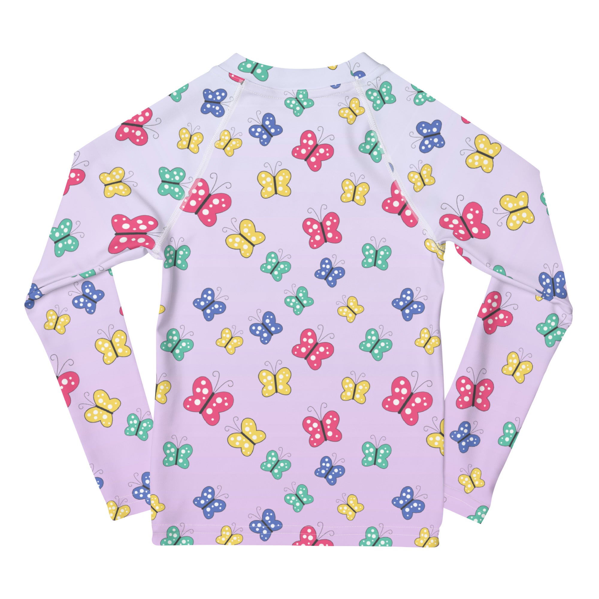 Girls colorful butterfly long sleeve rash guard swim shirt in light purple with multicolored butterfly pattern and UPF 50+ protection