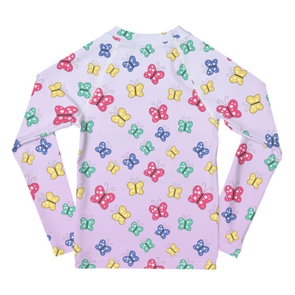 Girls Colorful Butterfly Long Sleeve Rash Guard Swim Shirt With UPF 50+