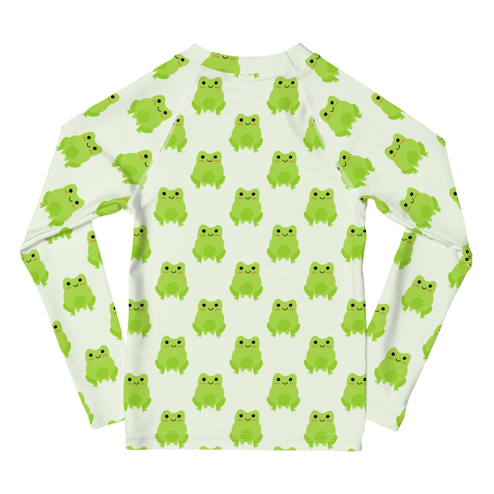 Kids green frog long sleeve rash guard swim shirt with UPF 50 plus featuring bright green cartoon frogs on off-white